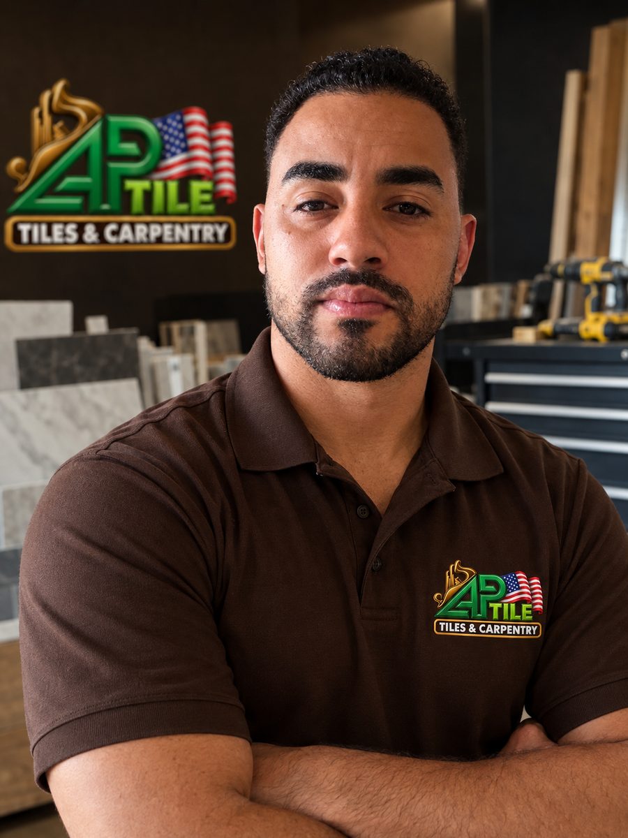 AP Tile professional in a brown AP Tile polo, arms crossed, in a workshop with tile samples and tools behind him