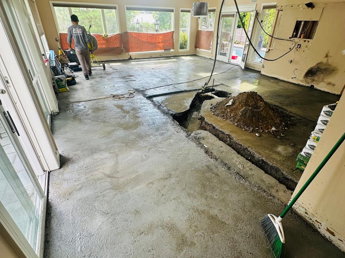 New mortar bed with a trench left open for the plumbing run